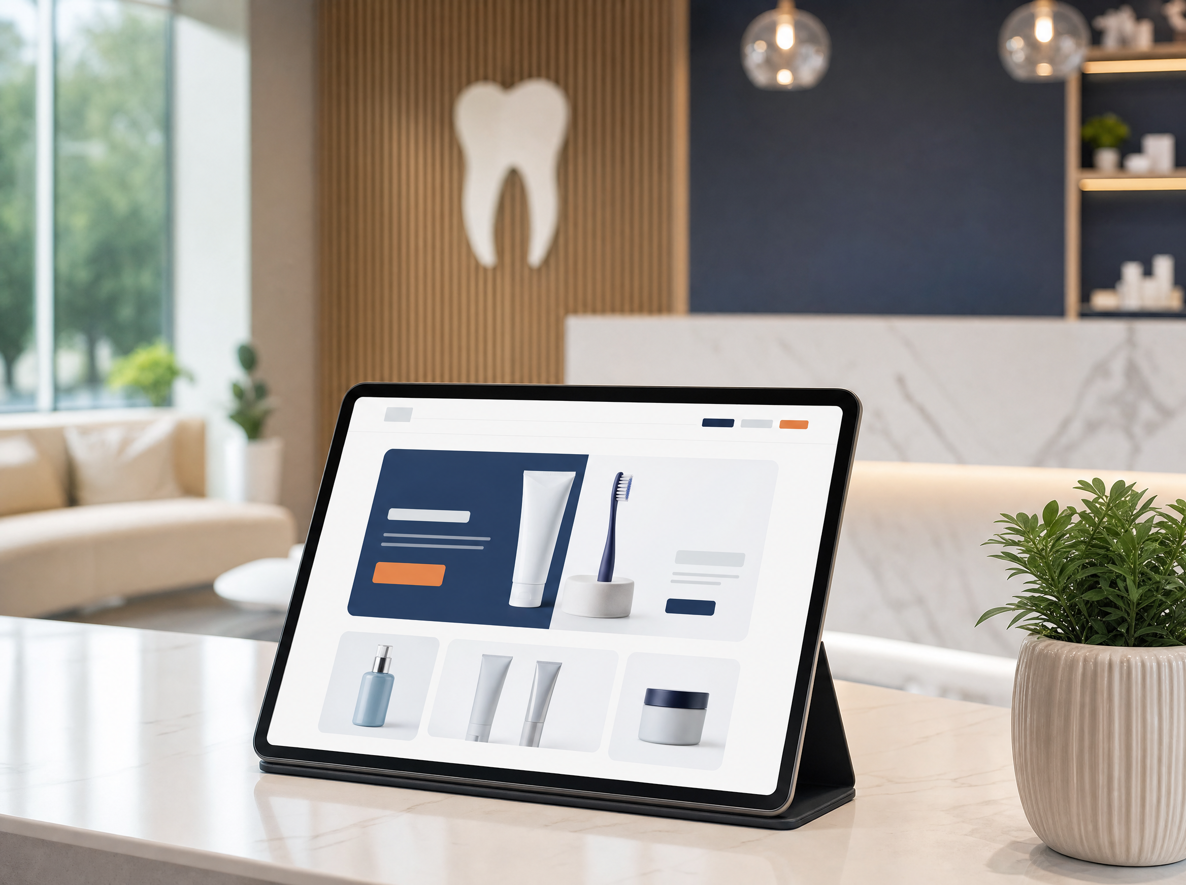 A dental office's branded storefront shown on a tablet at the front desk